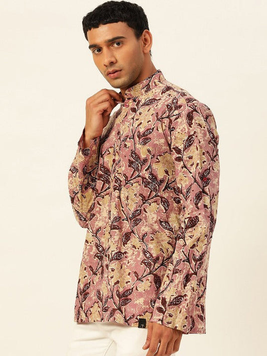 Men’s Pink Floral Printed Ethnic Kurta Shirt