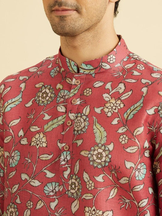 Men’s Premium Floral Printed Mandarin Collar Kurta Shirt – Coral Pink