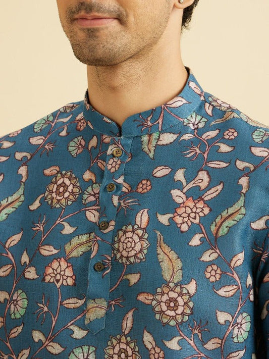 Blue Floral Printed Mandarin Collar Kurta Shirt for Men