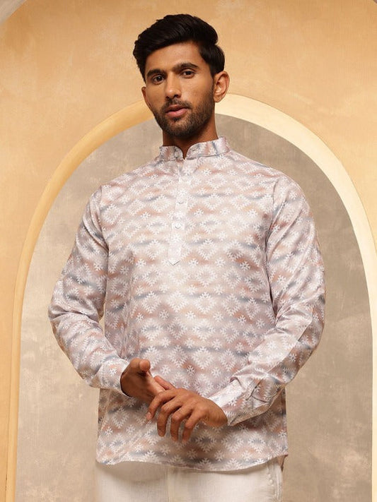 Men's Premium Jacquard Ethnic Kurta Shirt – Pearl White Geometric Pattern | Novasol