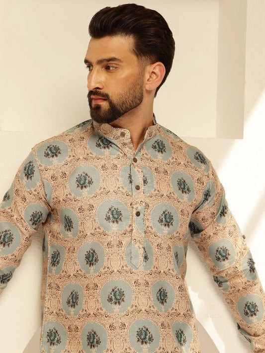 Men’s Premium Printed Mandarin Collar Kurta Shirt – Beige & Blue Ethnic Pattern