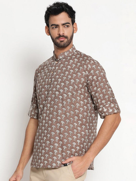 Men’s Brown Ethnic Motif Printed Mandarin Collar Kurta Shirt