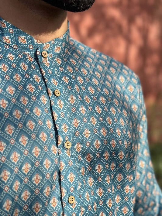 Men’s Ethnic Printed Mandarin Collar Kurta Shirt – Blue Geometric Pattern | Regular Fit Casual Festive Wear