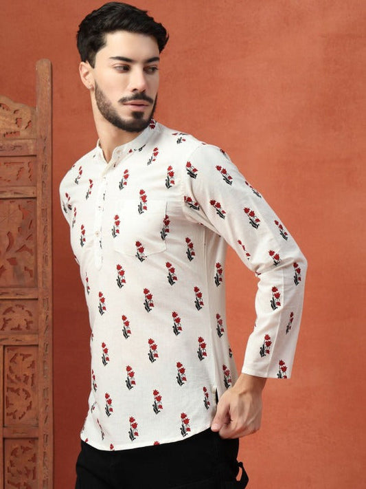 Men’s Off White Floral Printed Mandarin Collar Casual Kurta Shirt