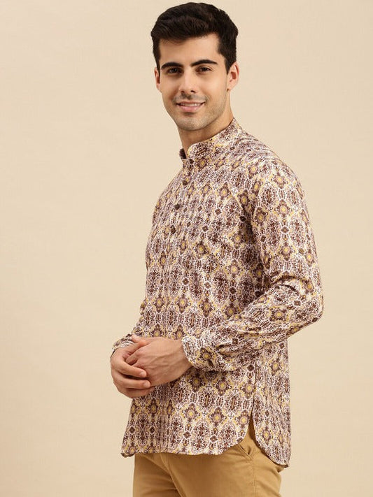 Novasol Men’s Beige Printed Mandarin Collar Casual Kurta Shirt – Full Sleeve Ethnic Wear