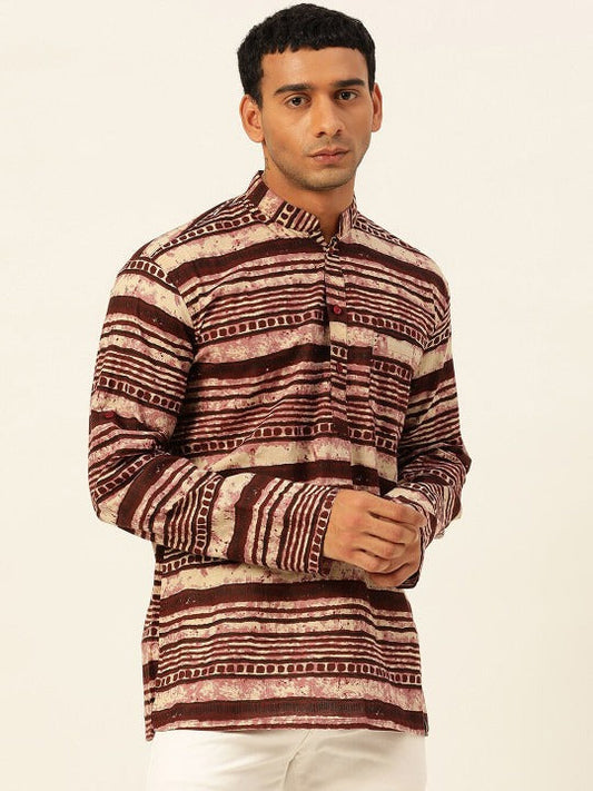 Men’s Brown Tribal Striped Ethnic Kurta Shirt