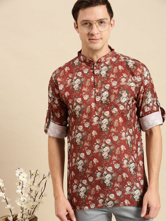 Men’s Red Floral Printed Mandarin Collar Kurta Shirt