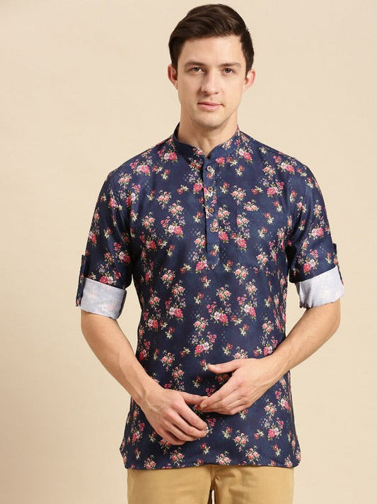 Navy Blue Floral Printed Men’s Short Kurta Shirt