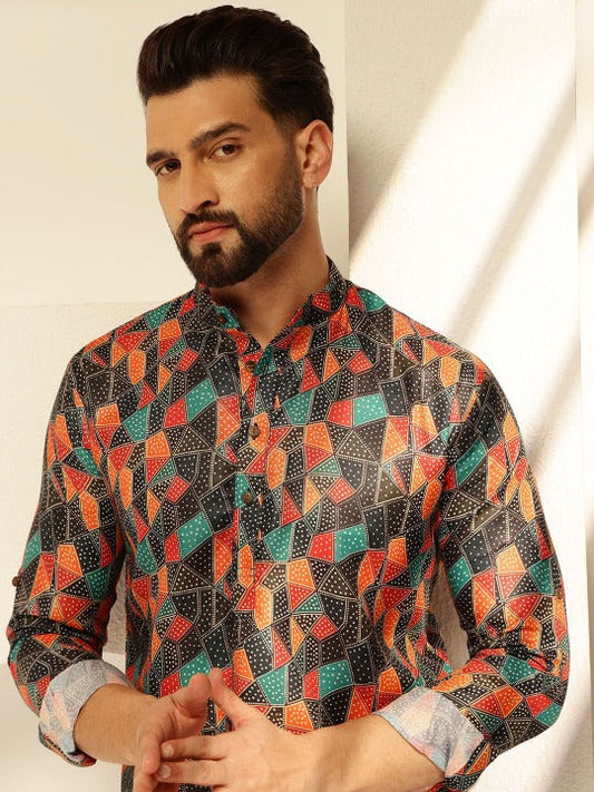 Men's Multicolor Geometric Print Mandarin Collar Kurta Shirt